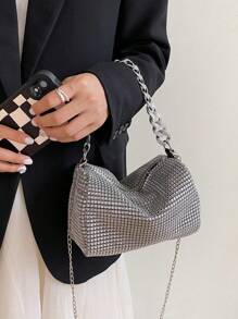 Shiny Rhinestone Hollow Metal Chain Decor Zipper Closure Women's Shoulder Bag