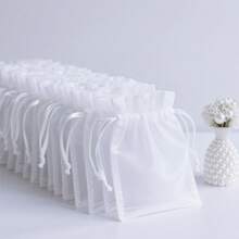 50/100pcs White Organza Gift Bags, New Year Party Candy Bags, Wedding Favor Bags, New Year Party Colorful Drawstring Organza Bags With Ribbons, Multiple Sizes, Baking Packaging Bags, Jewelry Gift Bags, Suitable For Weddings, Back To School Gifts, Family Gatherings, Celebrations, Outdoor Parties, All Seasons, Can Also Be Used As Fruit Protection Bags