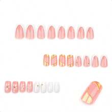 Spring French Press On Nails Medium Square White Fake Nails 3D Pink Flower Nail Press Ons With Gold Pearl Design Gold Nail Tip False Nails Summer Stick On Nails Full Cover Ue On Nails For Women-0345 - Vàng-2 - Xem 4