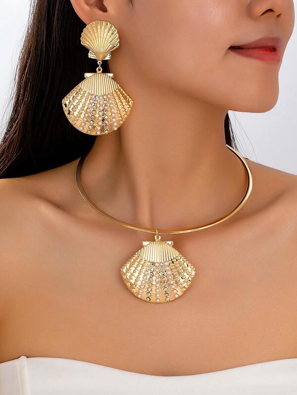 3pcs Fashionable Exaggerated Shell Inlaid Necklace & Earrings Set, Suitable For Women Party, Beach, Holiday Wear