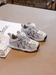 1 par de zapatillas de moda con diseño de botón giratorio de malla de PU y suela blanda, adecuadas para primavera y otoño - Plateado - Ver 5