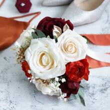 Dusty Blue Wedding Bouquets For Bride Bridesmaid, White Wedding Artificial Roses Flowers For Wedding Bouquets Ceremony, Anniversary - Burnt Orange & Burgundy & Cream - View 1