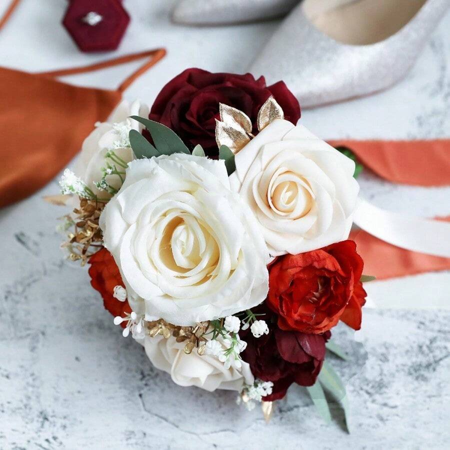 Dusty Blue Wedding Bouquets For Bride Bridesmaid, White Wedding Artificial Roses Flowers For Wedding Bouquets Ceremony, Anniversary - Burnt Orange & Burgundy & Cream - View 1