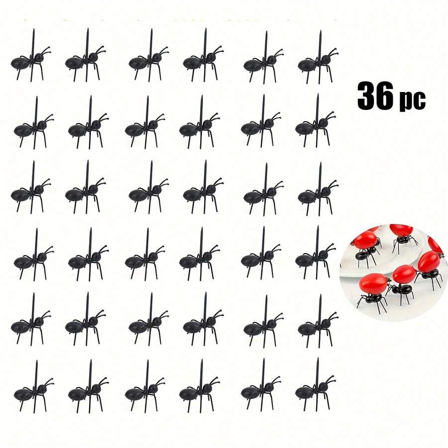 6/24/36/60pcs Reusable Ant Shaped Toothpick/Fruit Dessert Fork, Snack Cake Appetizer Animal Forks, Party Fruit Picks Made Of Plastic Toothpicks - Black - View 1