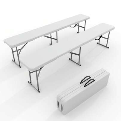 Ataucjin Set Of 2,6 FT HDPE Folding Bench,Indoor Outdoor Portable Camping Dining Seat With Metal Frame,Garden Soccer Multipurpose Entertaining Activities For In/Outdoor Party Garden Patio,White,2 Pack