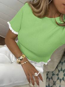 Women's Elegant Holiday/Graduation Knit Top, Casual Short Sleeve Cream Yellow Ruffle Hem Knit Pullover Sweater, Summer