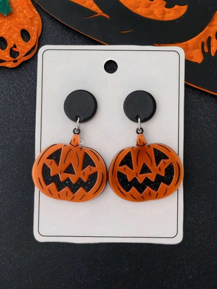 1 对万圣节南瓜设计女士时尚耳环，可爱的万圣节礼物（随机卡片） - 彩色 - 查看 1