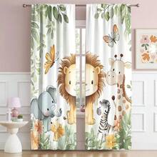 ستارتان كرتونيتان بتصميم حيوانات الغابة - الدب والثعلب والغزال والبومة، ستائر شبه شفافة للغابة مناسبة لغرف الأطفال أو غرف المعيشة، قماش بوليستر قابل للغسل في الغسالة، بتصميم كيس العمود، ستائر غرفة المعيشة - متعدد الألوان - مشاهدة 3