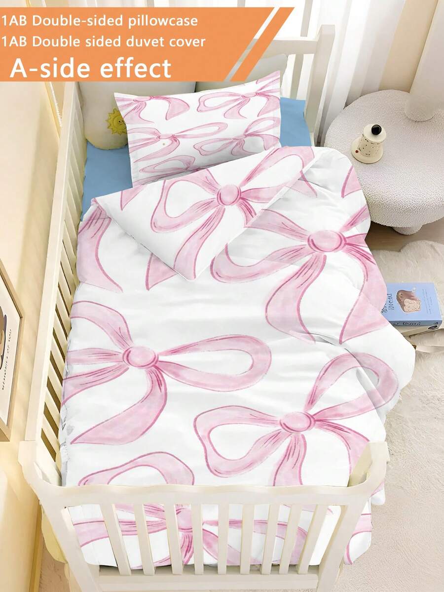 1/2PCS Pink Bow Crib Bedding Set -Soft Duvet Cover Set Enchanted Fairytale Nursery Sheets For Baby Girls, With Cute Pink Bow Double-Sided Design Sweet Pink Bow Toddler Bedding For Girls