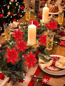 10pcs Shiny Flower Petals Decor, Artificial Poinsettia Flower Wreath, Christmas Tree Decoration, Suitable For Christmas, New Year, Wedding, Party - Multicolor - View 5