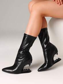 Women's Y2K Metallic Teeth Ankle Boots Fashion Pointed Toe Wedges Sculptural High Heels Slip On Party Sexy Boots Woman - 黑色 - 查看 3