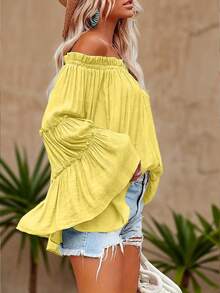 Plus Size Women Solid Color Off-Shoulder Ruffle Sleeve Blouse - Yellow - View 4