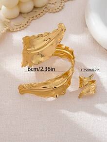 1 Bộ trang sức nhẫn và vòng tay kim loại nặng họa tiết lá bất đối xứng sang trọng, phụ kiện thời trang và thanh lịch phù hợp cho trang phục hàng ngày của phụ nữ - Vàng - Xem 5