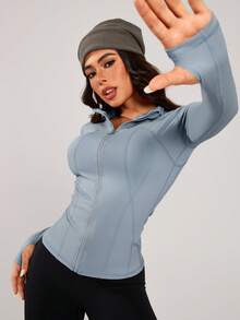 1件女士速干透气立领拉链运动上衣，运动服 - 藍色 - 查看 3