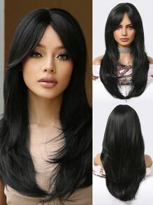 Pelucas negras largas y rectas con flequillo para mujer, peluca de pelo sintético de aspecto Natural en capas negras de 24 pulgadas para fiesta diaria, Cosplay