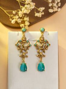 1 Par de Brincos de Sereia com Formato de Ouro e Turquesa, Brincos de Gema com Tema de Sereia Vintage, Brincos de Sereia Embutidos de Moda Europeia e Americana, Brincos de Sereia de Ouro de Luxo com Turquesa, Brincos de Gema com Formato de Sereia