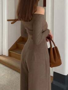 优雅时尚斜肩褶裥设计长袖阔腿连体裤，秋季新品，女士秋季穿搭，商务休闲 - 棕色 - 查看 3
