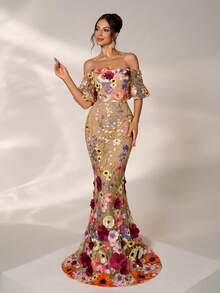 Elisanya Váy dạ hội dài trễ vai, hở vai, thêu hoa 3D sang trọng, lãng mạn, thanh lịch, trang trọng cho khách dự tiệc cưới, tiệc sinh nhật - Nhiều màu - Xem 6