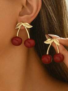 2pcs Delicate Cute Cherry Stud Earrings, Minimalist Sweet Style Earrings, Fashionable & Versatile Jewelry