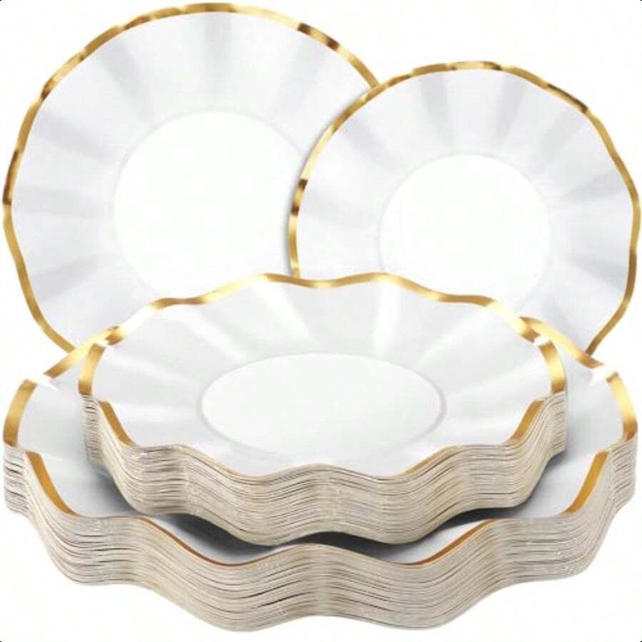 100 Pcs White Party Paper Plates With Gold Rim Scalloped Dessert Plates 10 Inch 8 Inch Disposable White Wedding Paper Dinnerware For Cake Dessert Birthday Baby Shower Tea Party Supplies - 白色 - 查看 1