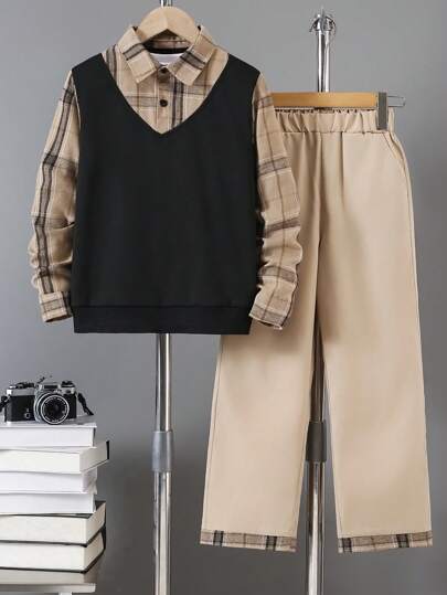 2 pezzi Set di moda casual sportiva per ragazzi, composto da polo a maniche lunghe nera e kaki, e pantaloni cargo kaki a gamba dritta