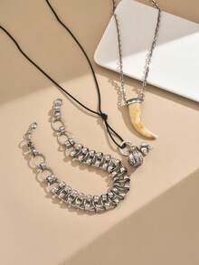 1 pieza Nuevo collar colgante de cuerno de animal multicapa apilado, diseño exagerado de lujo, joyería de moda para mujeres - Plata antigua - Ver 5