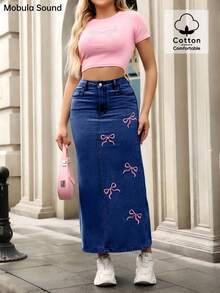 Mobula Sound 中东春夏 Y2K 青春性感音乐节学生学院百搭休闲度假时尚服饰可爱蝴蝶结刺绣紧身牛仔中裙 - 深藍 - 查看 5