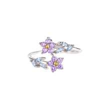 Anello aperto in argento sterling 925, con design a fiore e foglia in zirconia cubica, adatto per uso quotidiano, regalo di compleanno