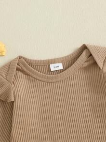 Infant Baby Girls Clothing Set Solid Color Long Sleeve Ribbed Romper With Print Overalls 2Pcs Outfit - màu nâu - Xem 4