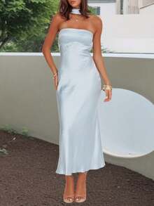 Summer Dresses For Women Vintage Maxi Dress Elegant Bodycon Dress Stylish Solid Color Satin Long Dress Fashionable Open Back Strapless Sleeveless Party Dress Cocktail Party Dress Daily Clothes Streetwear Aesthetic Clothes - Màu xanh nhạt - Xem 1