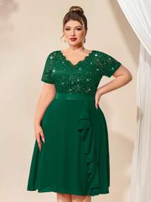 Plus Elegant V-Neck Sequin Lace Contrast Chiffon Ruffle Trim Cocktail Party Swing Dress - Dark Green - View 7
