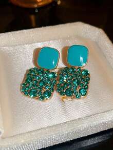 1/2 对紫色复古方形全钻油滴耳环时尚个性化女士耳环，适合派对、宴会、生日、周年纪念、婚礼 - 紫色 - 查看 3