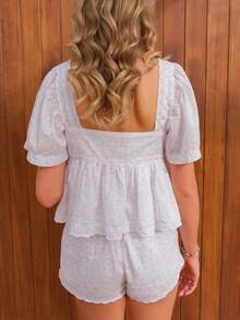Women Lace Trim Cardigan Shirt Short Sleeve Button Down Ruffle Hem Blouse Summer Boho Tops Y2K Going Out Tops - Matching Colors - View 6
