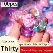 100 piezas Cápsulas de detergente para la ropa 5-en-1, detergente líquido concentrado, fragancia de lavanda/camelia, detergente aromático para la ropa, fuerte eliminación de manchas y protección del color