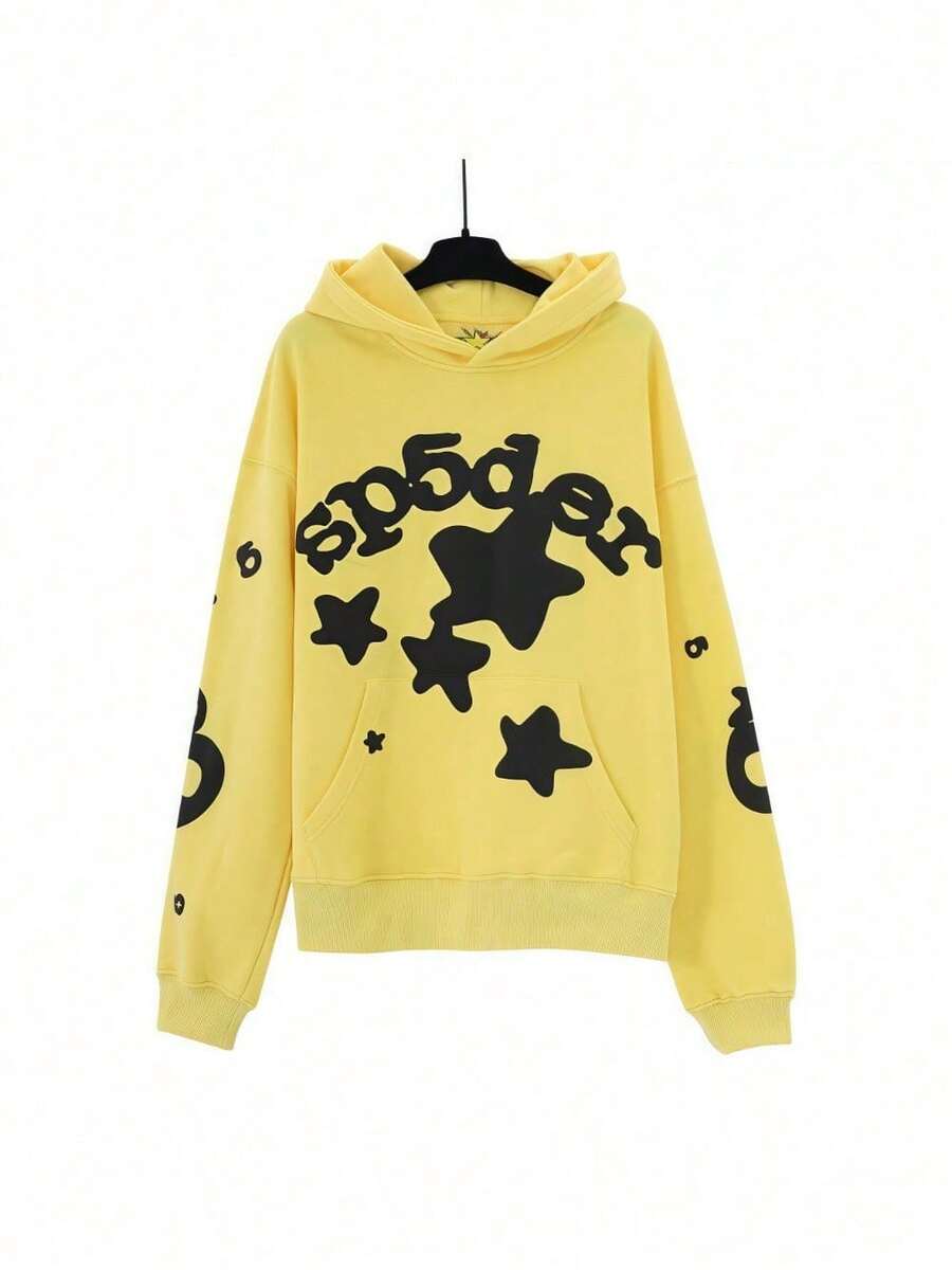 Spider Web Foam Print Hip-Hop Loose Terry Hooded Sweatshirt - 蜘蛛黃 - 查看 1