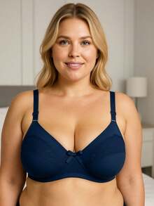 Plus Size Bra Without Reinforced Pads Satin Support - 藏蓝色 - 查看 1