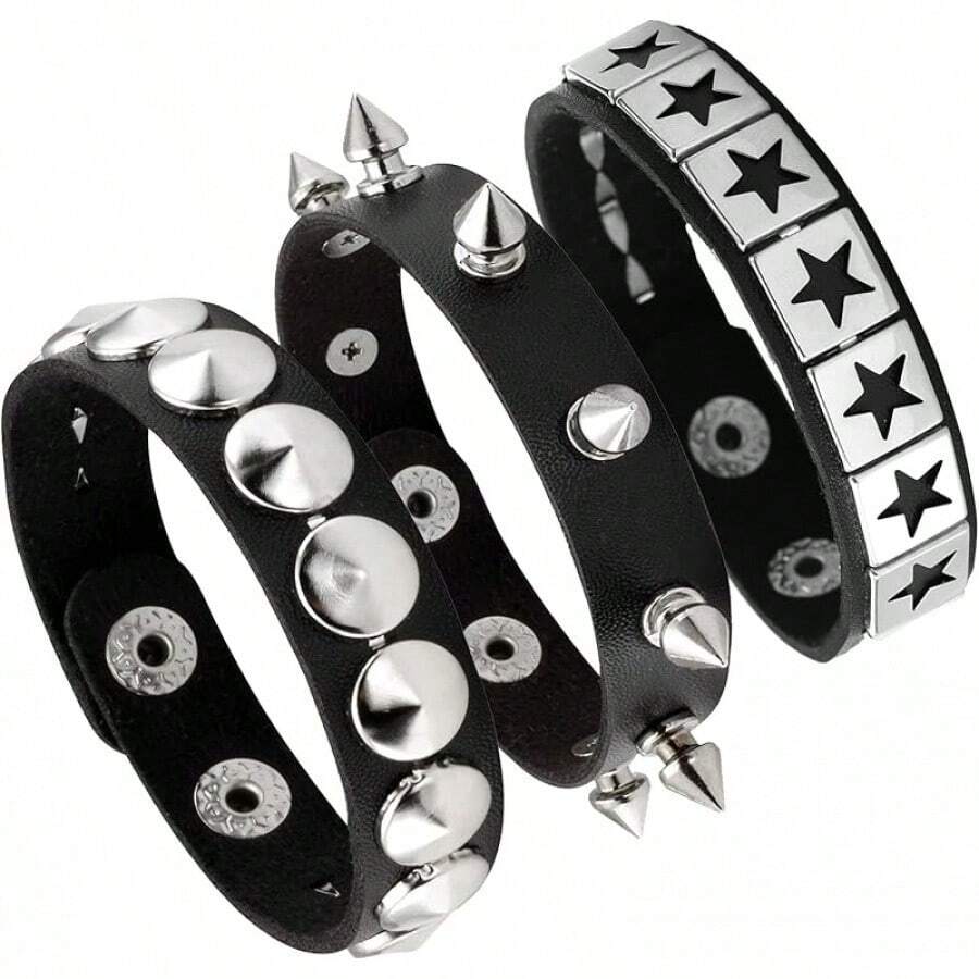 Eigso 3 Pcs Leather Punk Bracelets Men Women Of Rock Rivet Wrap Retro Spike Bracelet Adjustable - 黑色-4 - 查看 1