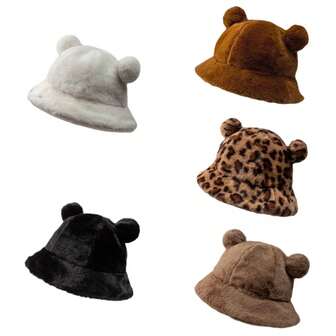 Women's Cute Soft Girl Furry Pom Pom Leopard Print Fluffy Bucket Hat, Warm & Versatile Korean Style Bear Ear Cap Autumn Outfits