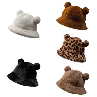 Women's Cute Soft Girl Furry Pom Pom Leopard Print Fluffy Bucket Hat, Warm & Versatile Korean Style Bear Ear Cap Autumn Outfits