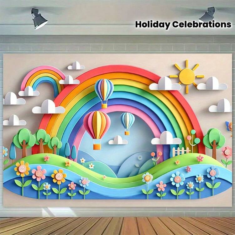 Um Mural Plano 2D de Arco-íris com Balões de Ar Quente e Sol - Bottom de Festa de Poliéster Vibrante, Adequado para Decoração Interna/Externa, Adereços de Estúdio de Fotografia e Comemorações de Feriados, Fácil de Pendurar, Decoração de Arco-íris - Multicolorido - Visão 1
