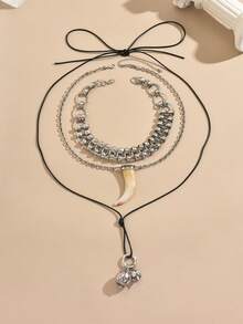 1 pieza Nuevo collar colgante de cuerno de animal multicapa apilado, diseño exagerado de lujo, joyería de moda para mujeres - Plata antigua - Ver 6