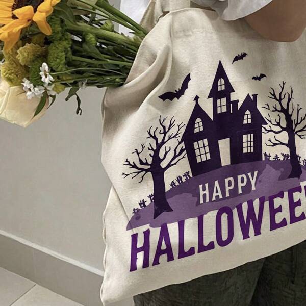 1pc Large Halloween Tote Bag - Spooky Haunted House Design With Happy Halloween Text, Bats & House - Heavy-Duty Polyester Canvas Grocery Bag (35.05x40.13cm) For Parties, Shopping, Fall Decor - Reusable Halloween Gift, Halloween Decorations