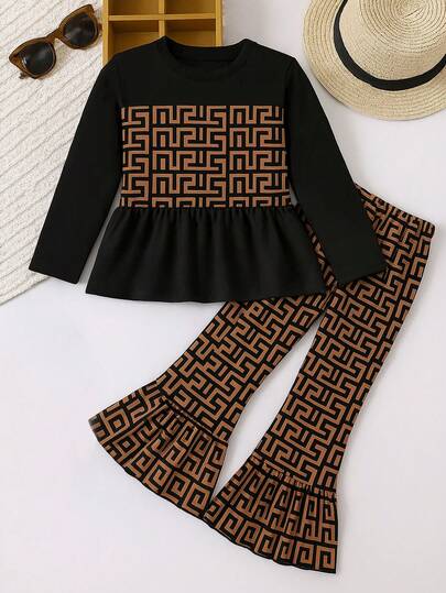 مجموعة قطعتين للفتيات بطبعة مربعات الفينتاج، بنطلون ذو ساق متسعة، مقاوم للتجعد، خريفي