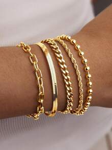 5 buah Gelang Elegan Warna Emas yang Dapat Diatur, Gaya Minimalis, Cocok untuk Wanita (Jumlah manik-manik pada rantai acak, tetapi panjangnya tetap) - Emas 5 bungkus - View 1