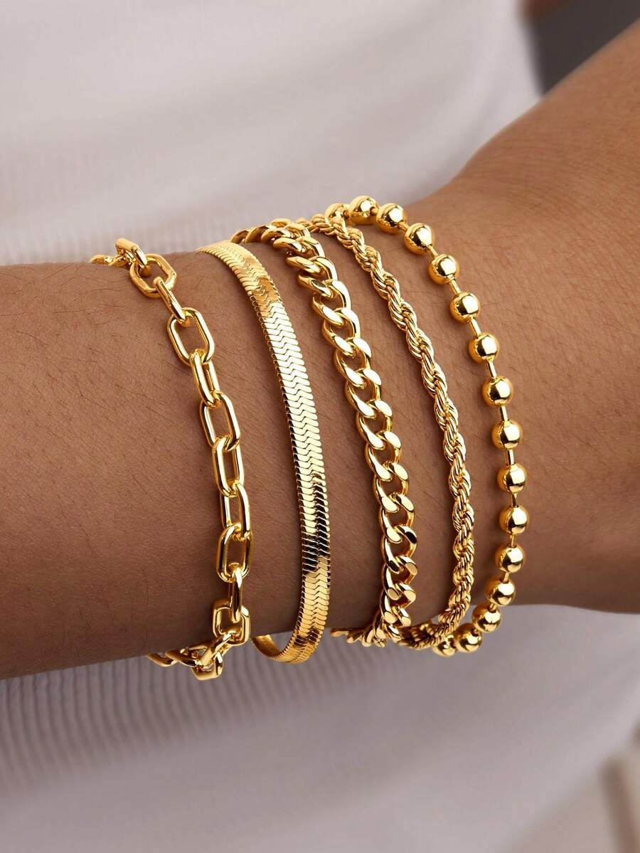 5 buah Gelang Elegan Warna Emas yang Dapat Diatur, Gaya Minimalis, Cocok untuk Wanita (Jumlah manik-manik pada rantai acak, tetapi panjangnya tetap) - Emas 5 bungkus - View 1