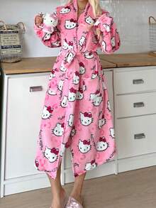 Sanrio 1pc Hello Kitty Plush Fluffy Robe For Women, Cute & Elegant, Warm & Comfortable, Suitable For Autumn/Winter, Fall, Cozy Outfits
