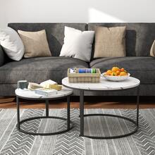 FXLTSBL 2 Pieces Side Table Set Round, Coffee Table Made Of Wood With Metal Frame, Modern Coffee Tables Nesting Tables For Living Room Bedroom - Black - View 4