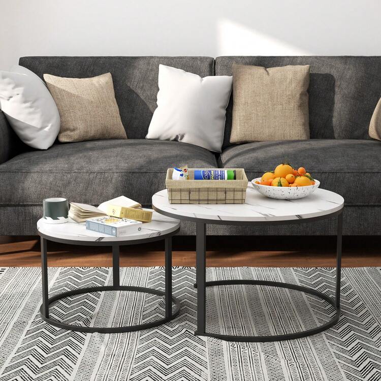 FXLTSBL 2 Pieces Side Table Set Round, Coffee Table Made Of Wood With Metal Frame, Modern Coffee Tables Nesting Tables For Living Room Bedroom - Black - View 4