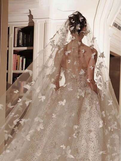 1pc Bridal Veil With 3D Butterfly, White Faux Pearl Decor, Luxurious Oversized Trailing Wedding Headpiece Valentine's Day Accessories