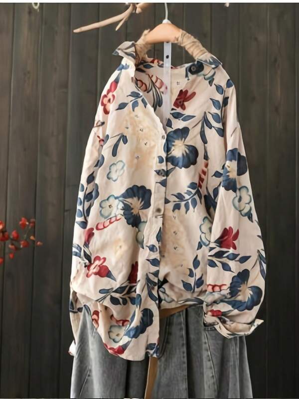 Floral Linen Shirt For Women, Chinese Style, Suitable For Work Commute, Machine Washable, Casual Long Sleeves, Slightly Loose Fit, Suitable For Work And Going Out, Perfect For Spring, Fall And Summer